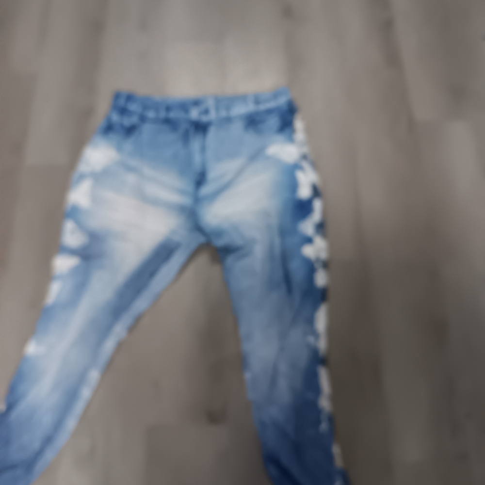 Blue Distressed Jean Leggings with White Butterfly Accents